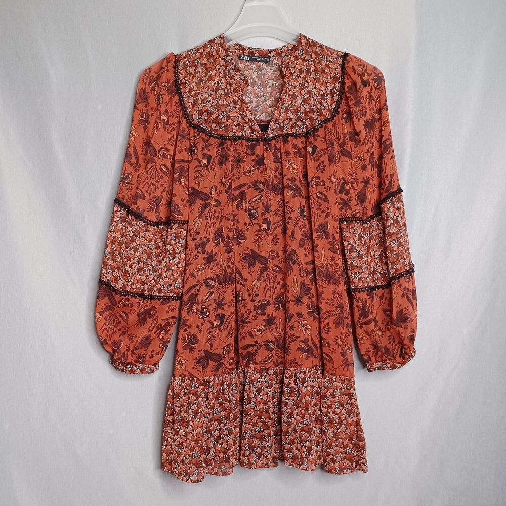 Zara Dress Womens Medium Orange Floral Chiffon Boho Henley Mini Ruffle Swing